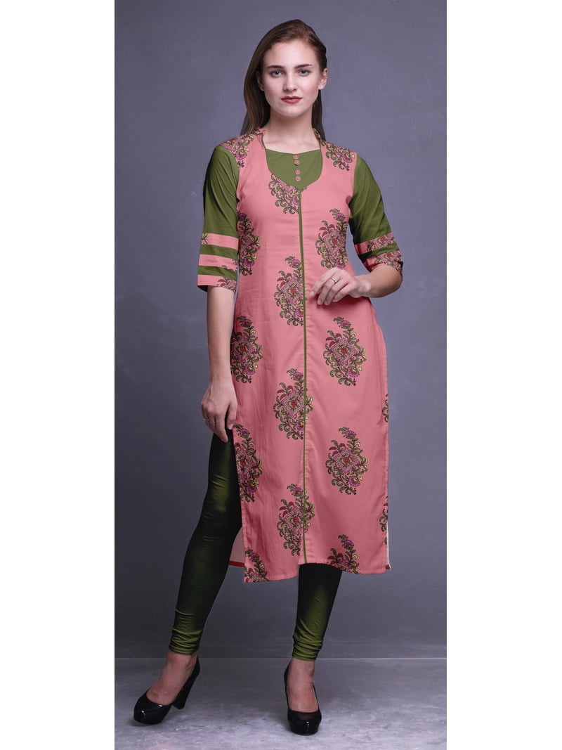 Bimba Rayon Slub Indian Printed Straight Kurta 3/4 Sleeve Tunic Dress For  Women - Walmart.com