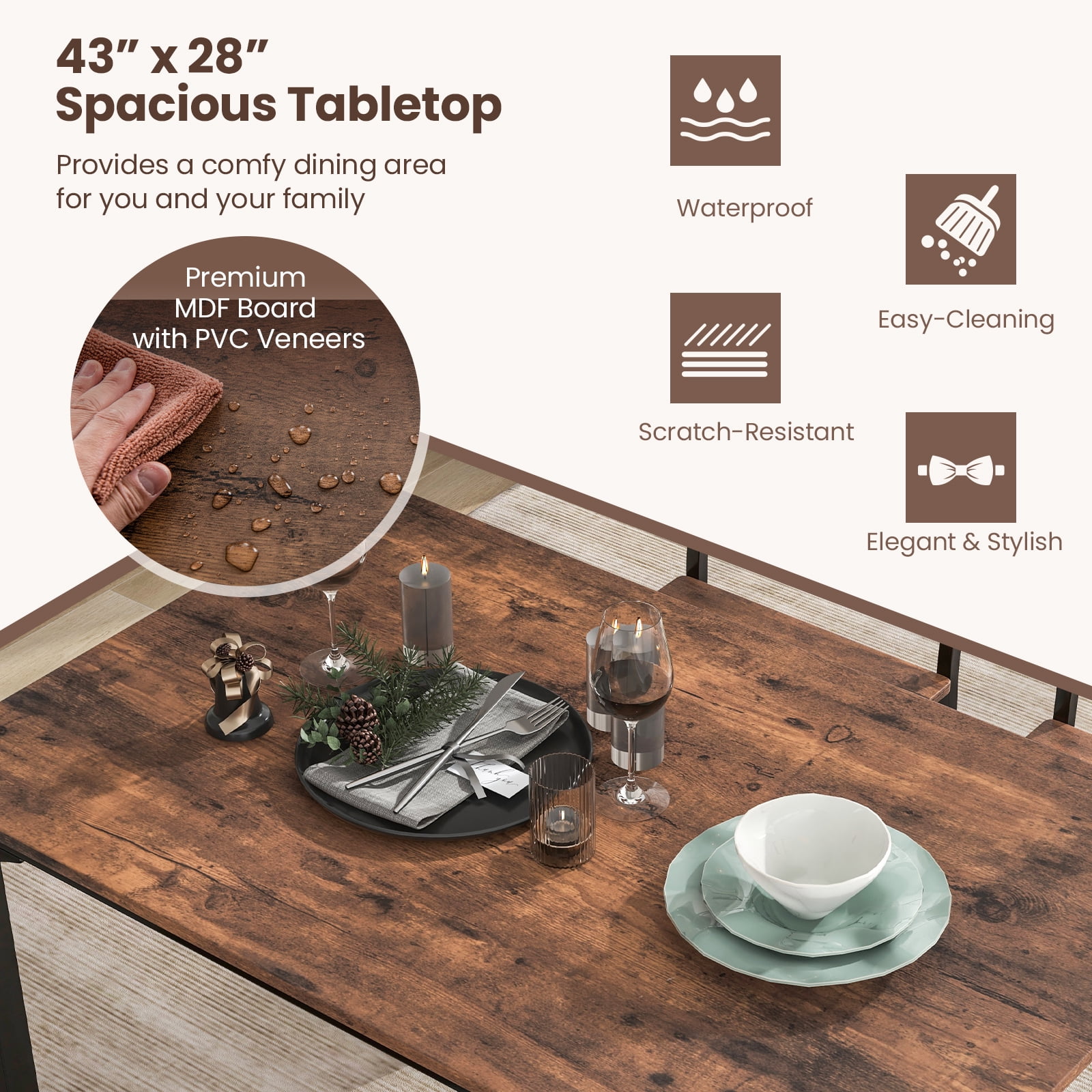 Costway 5-Piece Industrial Style Metal Dining Table Set with Kitchen Table and Chairs, Brown