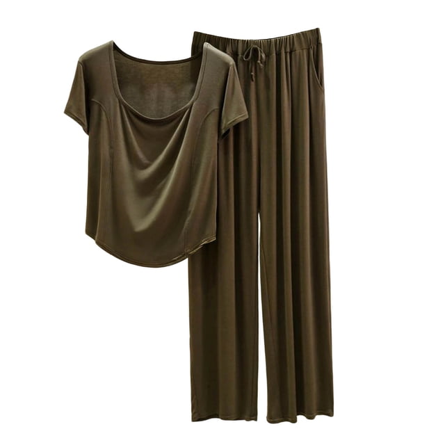 RXMEKW Ensemble de Pyjama pour Femmes, Ensemble de Détente 2 Pcs en Mélange de Lin avec Encolure Ronde et Coupe Ample pour Tenue d'Intérieur et Tenue Décontractée
