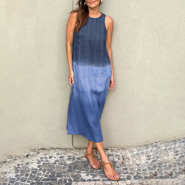 WILLBEST Maxi Vestidos de Mujer Vestido Largo Informal de Lino sin Mangas con Abertura y Degradado Teñido Anudado para Mujer Mediana