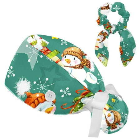 

Working Cap with Buttons and Sweatband Scrub Hat Bouffant Caps with Scrunchie Cute Snowman Tie Back Hats
