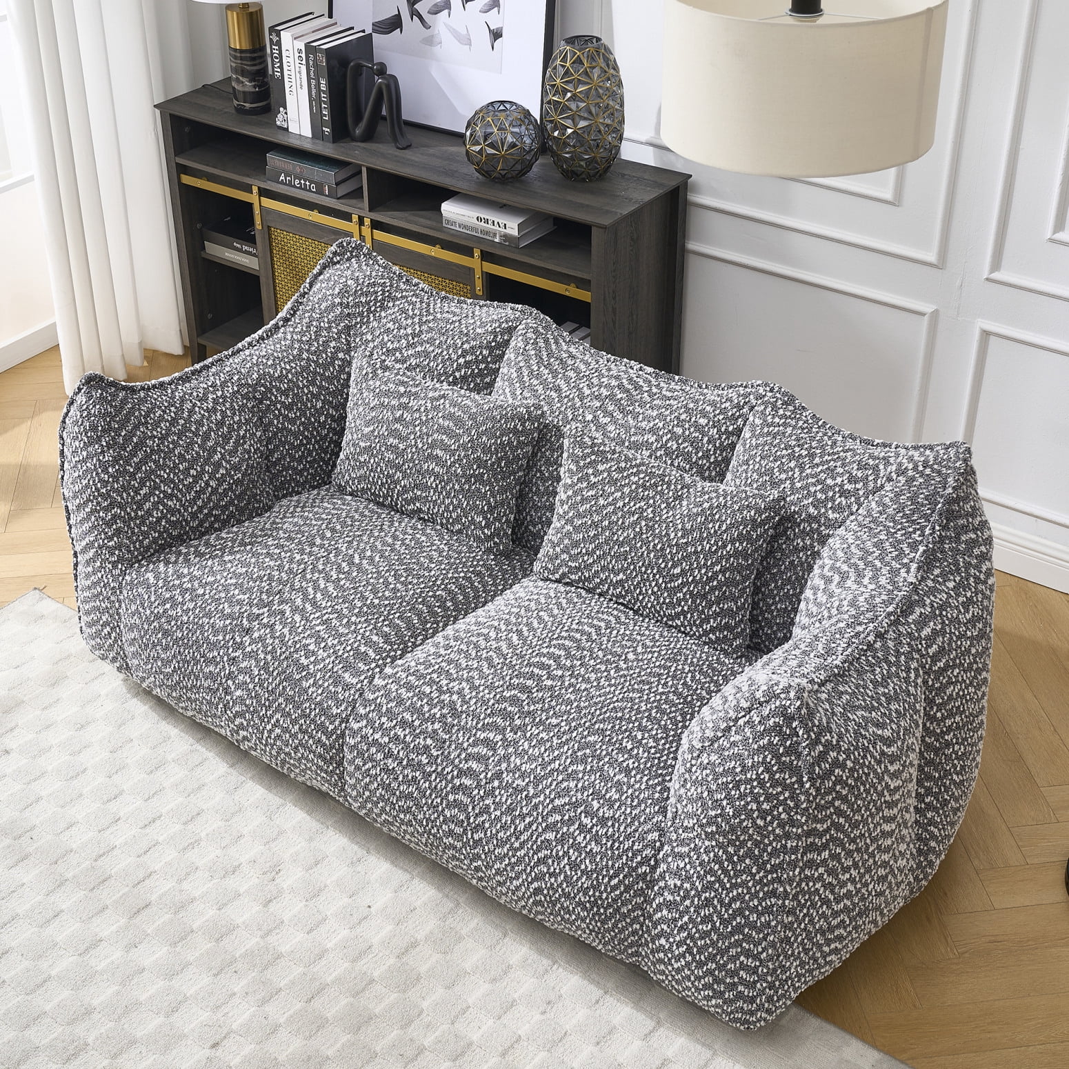 Giant Bean Bag Chair Sofa for Two, Oversized Foam-Filled Floor Loveseat with Chenille Fabric, Grey Recliner for Living Room, Bedroom, Apartment