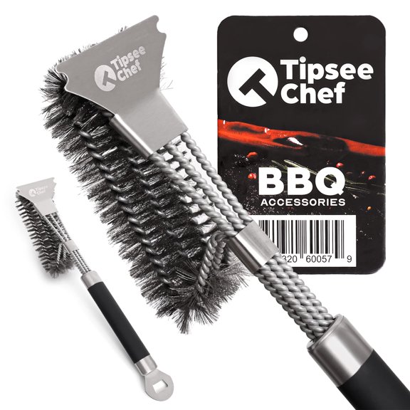 TIPSEE CHEF Stainless Steel Grill Cleaning Brush and Scraper w/Bottle Opener - 17" Extended BBQ Scraper Brush - Heavy Duty & Safe Gunk Removal for All Grill Grates - Woven Wire Metal Bristles