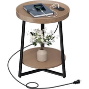 Round End Table with Storage Shelf Farmhouse Side Table Nightstand for Living Room Bedroom Wood Tabletop & Metal . * . * .