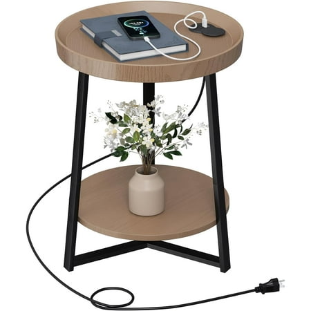 Round End Table with Storage Shelf Farmhouse Side Table Nightstand for Living Room Bedroom Wood Tabletop & Metal . * . * .