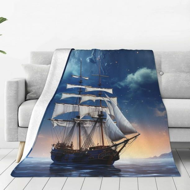 Balery Moonlit Night Sea Sailboat Manta de Felpa Suave y Acogedora – Cobija de Franela Aterciopelada para Cama, Lavable y Cálida para Sofá, Mascotas, Transpirable-60"x50"