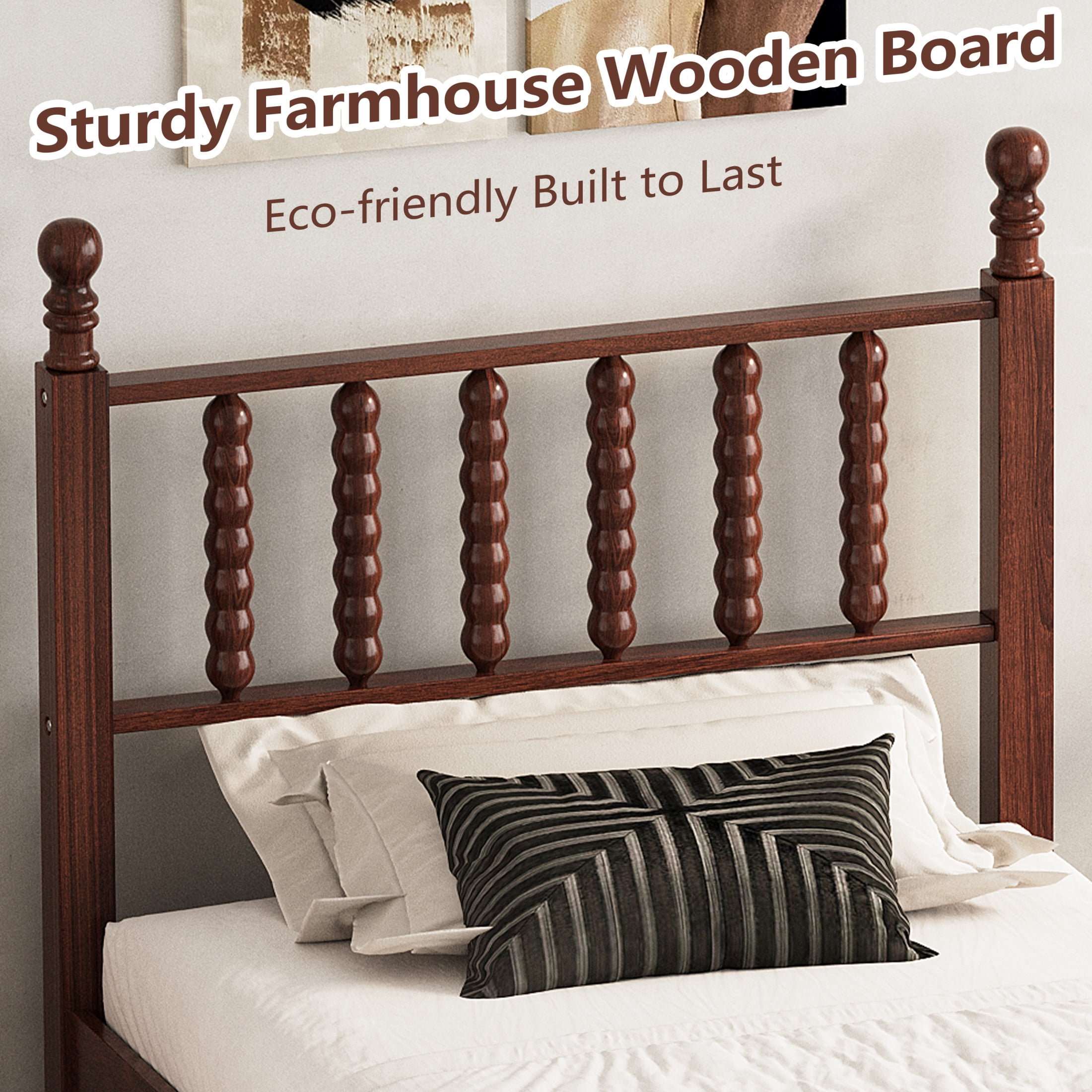Noble House Twin Size Platform Bed with Gourd Shaped Headboard, Wooden Slat Support, Walnut