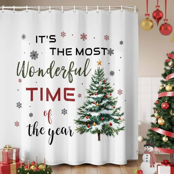 Christmas Saying Shower Curtain, Winter Snowflake Xmas Pine Trees Balls White Waterproof Fabric Shower Curtains with 12 Hooks, Bathroom Curtain Set for Bathroom Accessories Decor, 66 x 72 Inches