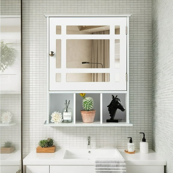 GVN Wall Mounted and Mirrored Bathroom Cabinet-White, Bathroom Shelves Over Toilet for Bathroom Laundry Room Kitchen