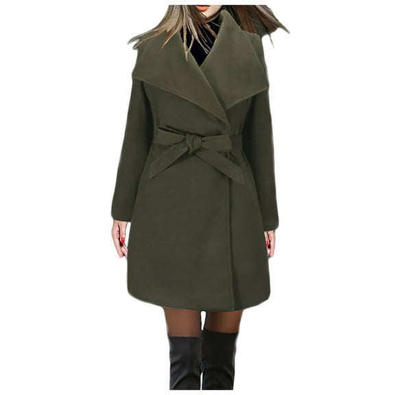 Women's Plus Size Trench Coat Classic Lapel Overcoat Long Sleeve Winter Warm Mid Length Belted Jacket Outerwear