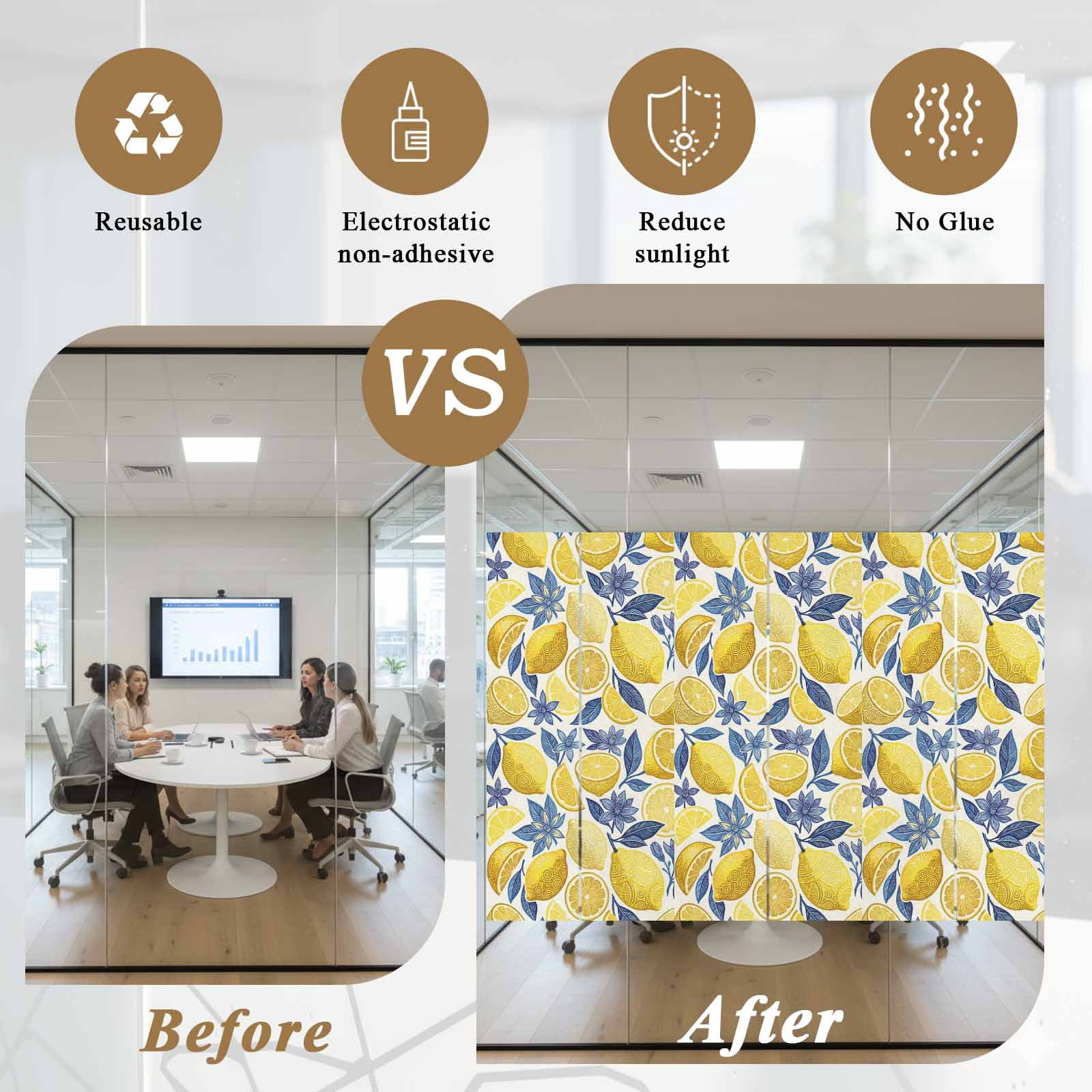 Summer Fruit Window Privacy Film, Watercolor Yellow Lemon Blue Flowers Rustic Frosted Glass Window Clings Static Cling UV Heat Blocking Reusable Door Sticker for Bathroom 29.5 x 118 Inch