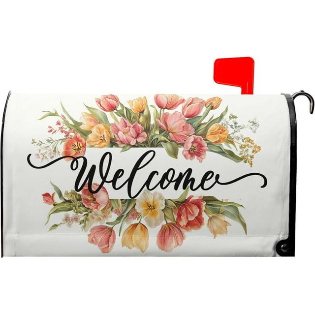 Spring Welcome Mailbox Covers Magnetic Large Size 21x25 Inch Farmhouse Tulips Flowers Mailbox Covers Spring Summer Flowers Mailbox Cover Wraps Decor Post Letter Box Cover for Home Garden Yard