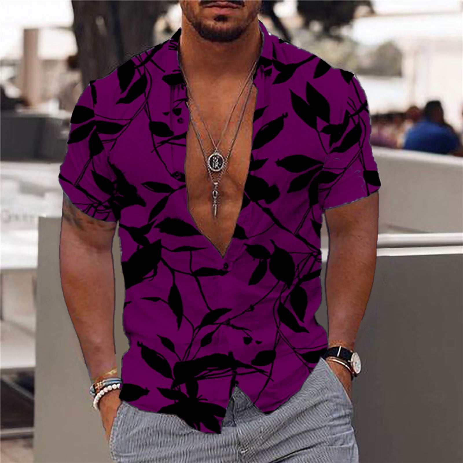 Men Fashion Casual Buttons Hawaii Printing Turndown Short Sleeve Shirt  Blouse SMihono Deals Turndown collar Tees Tops Shirt for Mens Trendy 2024