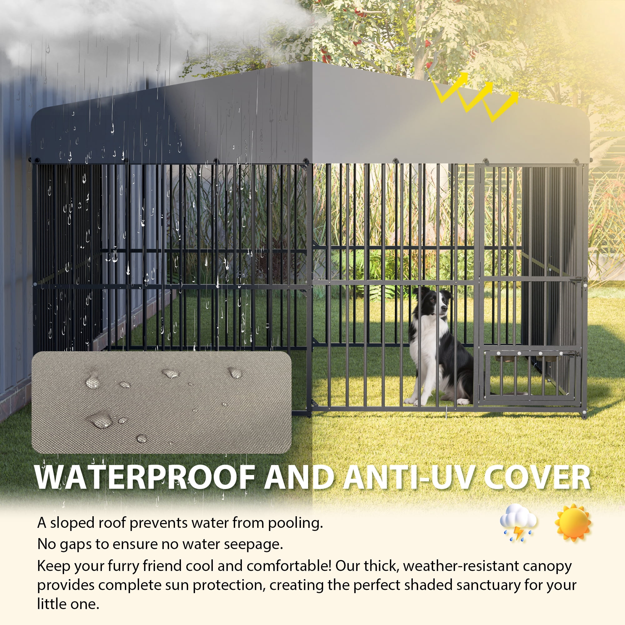 LZBEITEM 10x10ft Heavy Duty Outdoor Dog Kennel, Large Metal Dog Run Playpen with Waterproof UV-Resistant Cover & 360° Rotating Bowl Holder, Black