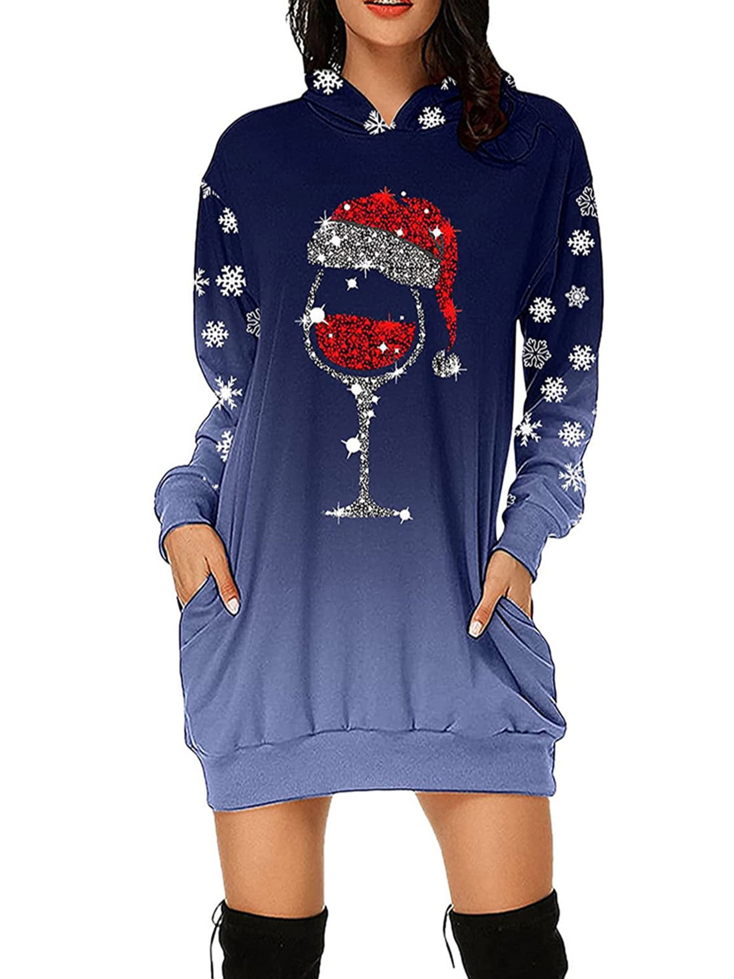 Feiwo Womens Long Sleeve Casual Christmas Jumper Dress Ladies Loose Festival Pullover Hooded Hoodies Long Tops Size S-2xl, Women's, Blue