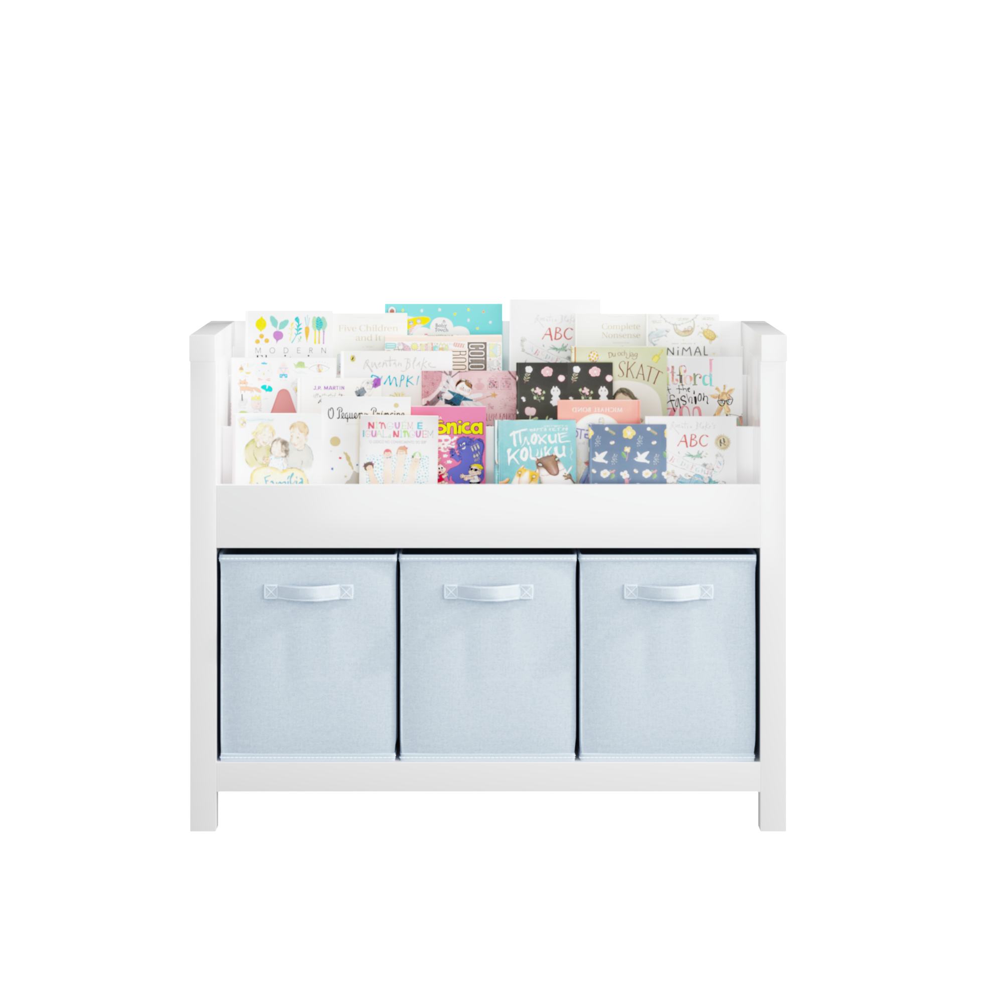 Yoneston Kids Bookshelf with 3 Fabric Storage Bins & 3 Tier Shelves, Wooden Book Rack with Solid Legs for Playroom Nursery Bedroom, White & Blue