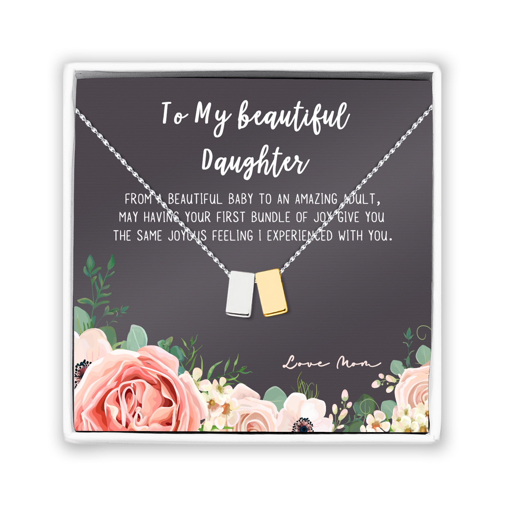 Daughter Mother's Day Card Necklace - Two Silver Infinity Double Circles, Mothers Day Card Necklace, New Mom Mother's Day Jewelry Birthday Gift [Silver Cube, No-Personalized Card]