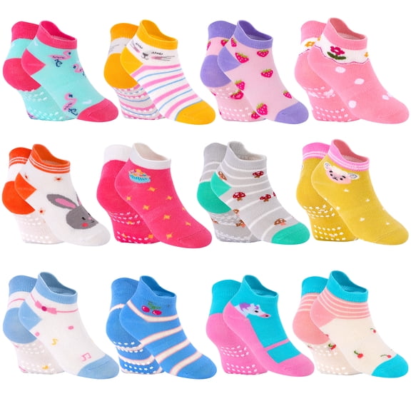 Toddler Socks Girls, Non Slip 12 Pairs Kids Ankle Socks with Grippers for 1-7 Years Children(01 Girls,1-3T)