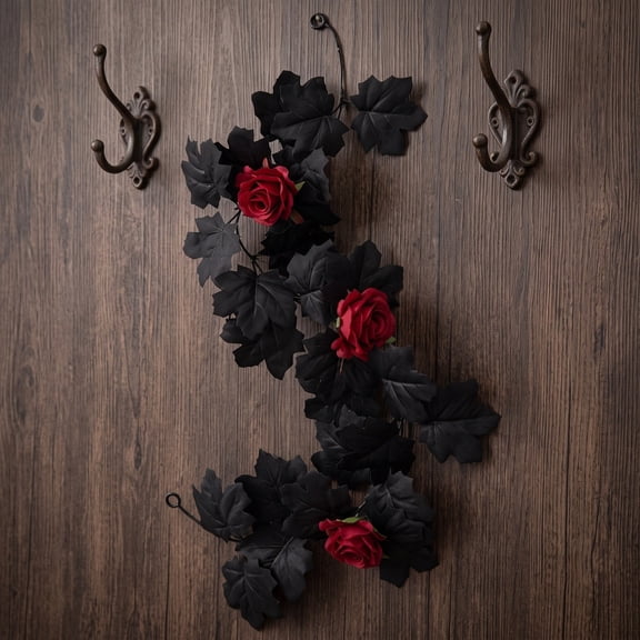 Byujiro 39.4 in Artificial Gothic Rose Garland with Maple Leaves, Hanging Faux Floral Vine, for Stair Banister, Fireplace Mantel, Halloween Party, Dark Style Indoor Themed Home Decoration
