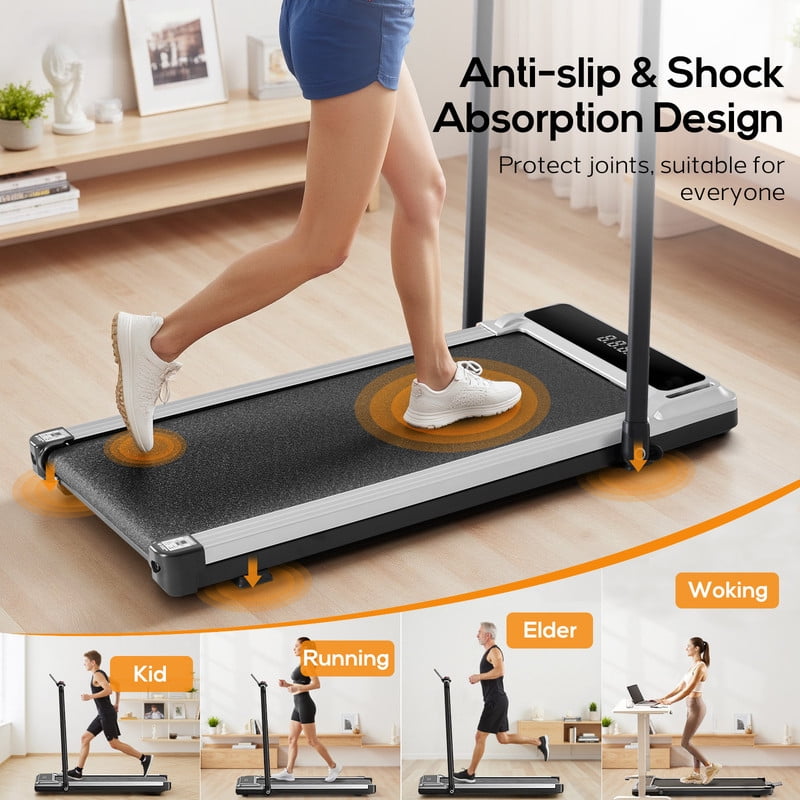 Compact Treadmill with handle, Quiet Under-Desk Walking Pad, Slim & Portable Design for Home Office Workouts, Easy to Store, Ideal for Apartments and Work-from-Home Fitness, Silver