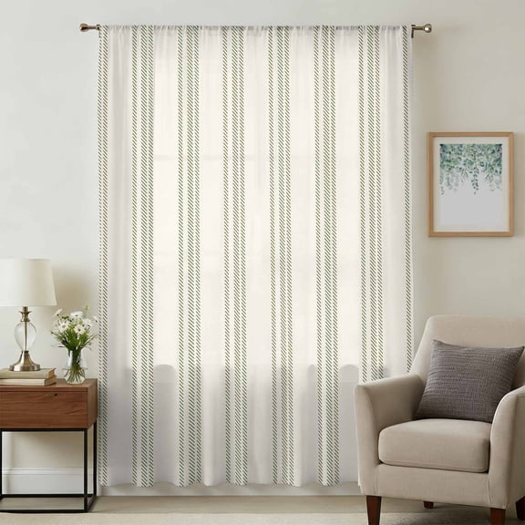 Sage Green Striped Sheer Curtains 45 Inches Long, Modern Farmhouse Green Stripes Light Filering Curtains, Breathable Simi Curtain Privacy Drapes for Kitchen Bathroom Small Window Treatment