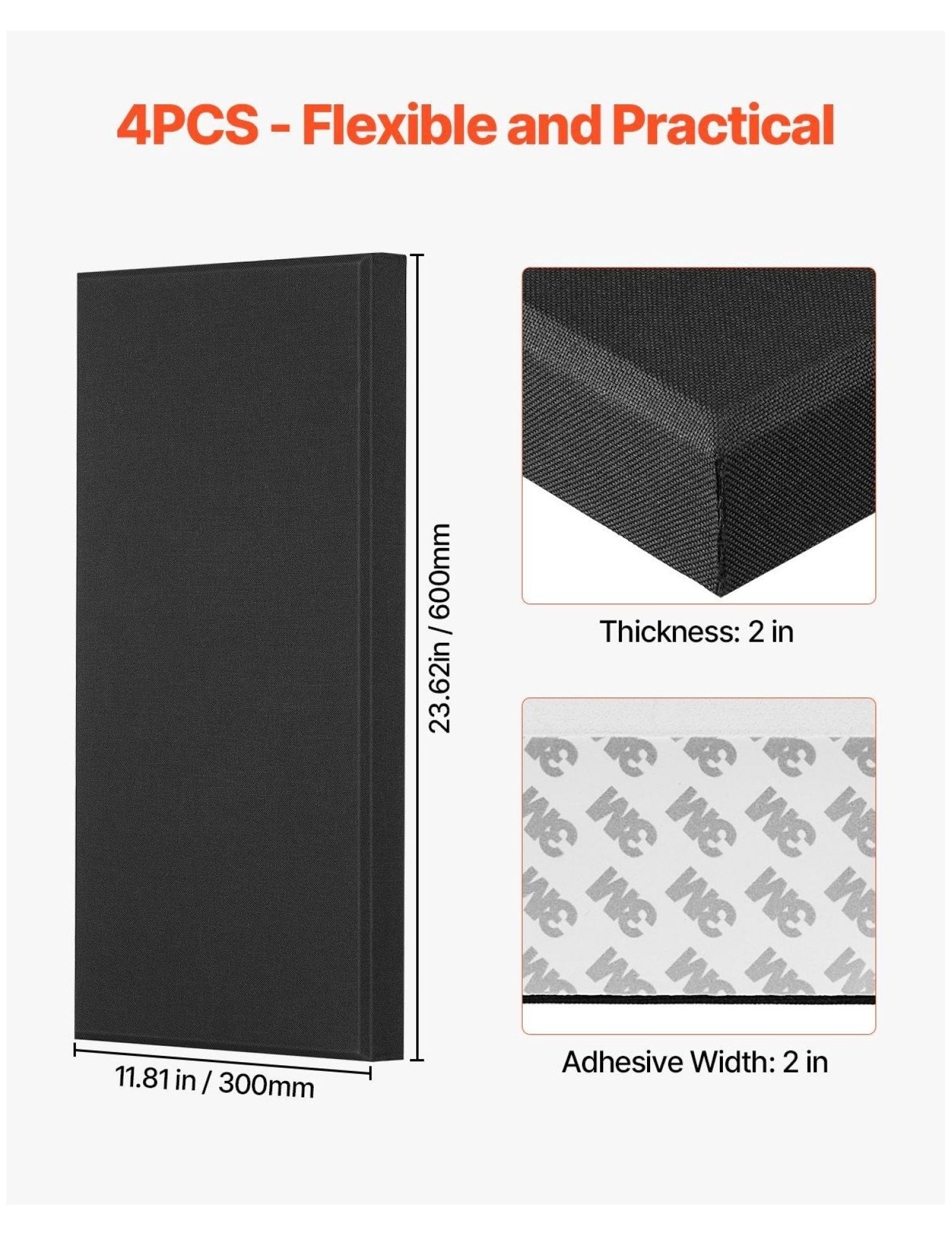 Acoustic Panels 4-Pack, 2 inch Thick, Sound Absorbing Panels - 23.6x11.8 inch Fiberglass Wall Panels, Self-Adhesive, for Studio, Home Theater, Office