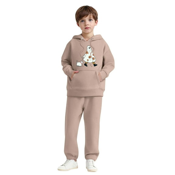 SYMOID Boys Khaki Ghost Print Hoodie and Jogger Set - 2 Piece Tracksuit Tops Sweatshirts for Kids,Size 12 T