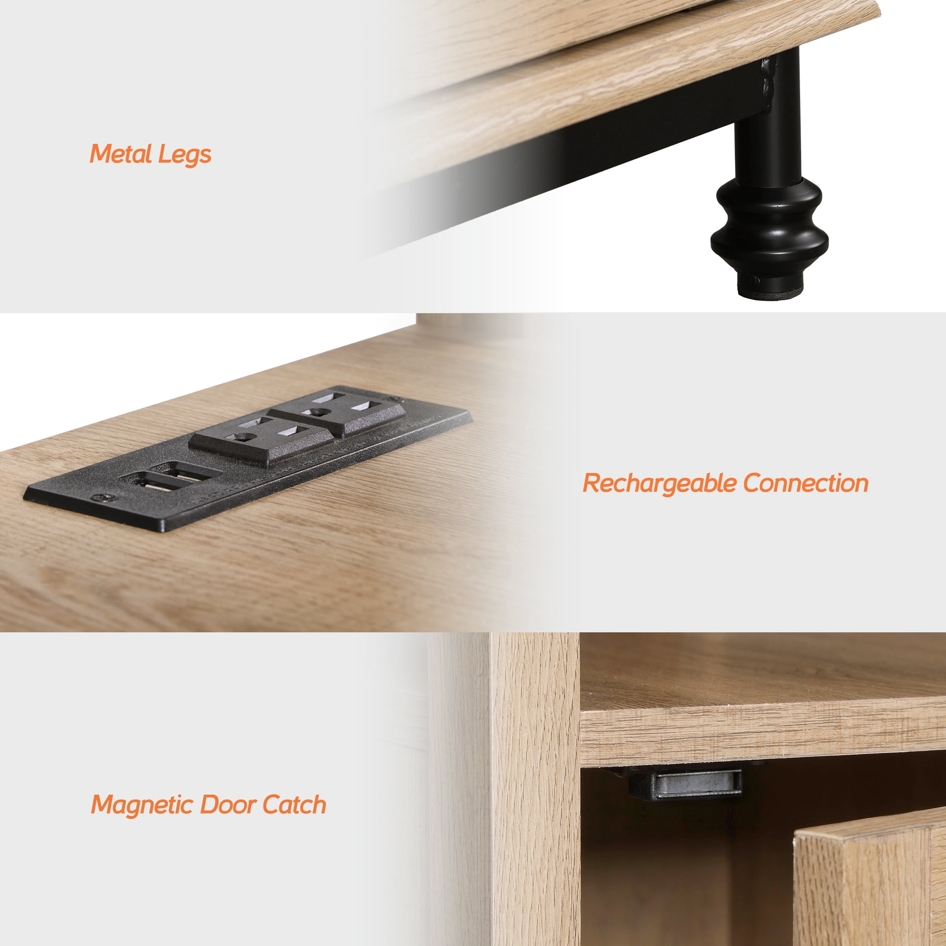 Oak End Table Bedside Table with Charging Station & Cabinet for Bedroom, Side Table for Living Room, 23.6 inches