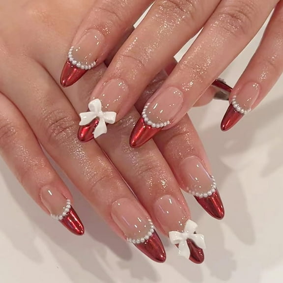 24Pcs Red French Tip Press on Nails Medium Length Almond Fake Nails Pearl with White Bow Charms Cute Nail Design Artificial Chrome False Nails Glue on Nails for Women Girls Acrylic Nails Decorations