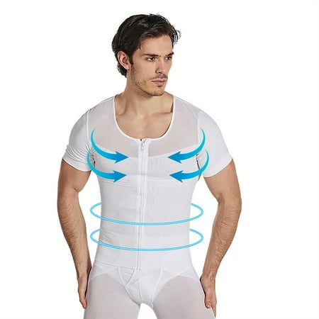 Lilgiuy Men s Breathable Zipper High Elastic Pressure Tight Corset Waist Abdominal Mesh Invisible Body Sculpting Short Sleeves White 8
