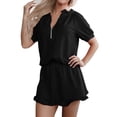 thumbnail image 2 of Short Sets for Women Short Puff Sleeve Half Zip T Shirt and Ruffled Shorts 2 Piece Matching Set Womens Lounge Set, 2 of 6