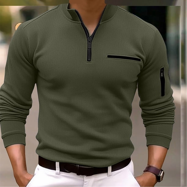 pstuiky Camiseta de manga larga con cremallera 3/4 para hombre, con cremallera en el brazo, camiseta deportiva de manga larga a rayas para hombre