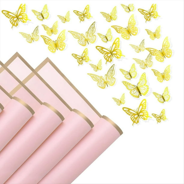 20 Hojas de Papel de Regalo de Flores con Borde Dorado y 48 Pegatinas de Mariposa Doradas 3D, Ramo de Floristería, Manualidades DIY