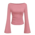 thumbnail image 6 of ClodeEU Womens Long Sleeve Shirts,Boat Neck Bell Sleeve Ribbed Ruched Clothes,Fall Off The Shoulder Going Out Tops Pink,Womens Plus L, 6 of 6