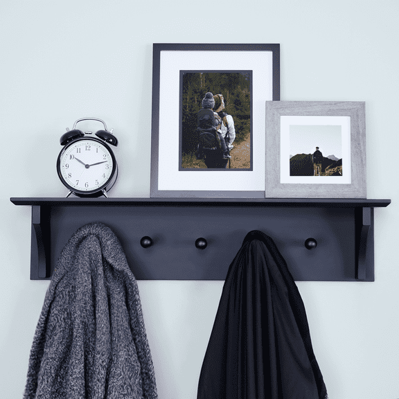 Ballucci Wall Coat Rack Shelf, Entryway Floating Shelf Rack, 5 Pegs, 24", Black