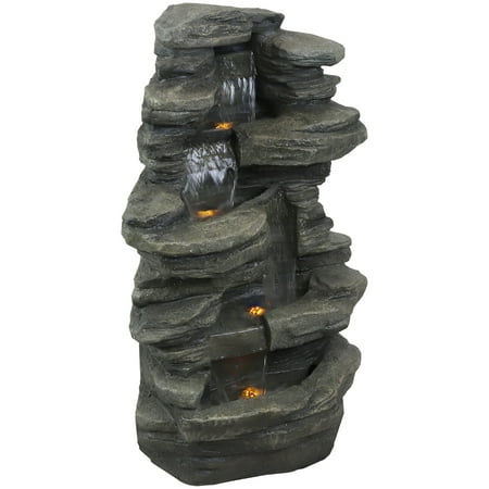 Sunnydaze 38 H Electric Polyresin and Fiberglass Stacked Shale Waterfall Outdoor Water Fountain with LED Lights