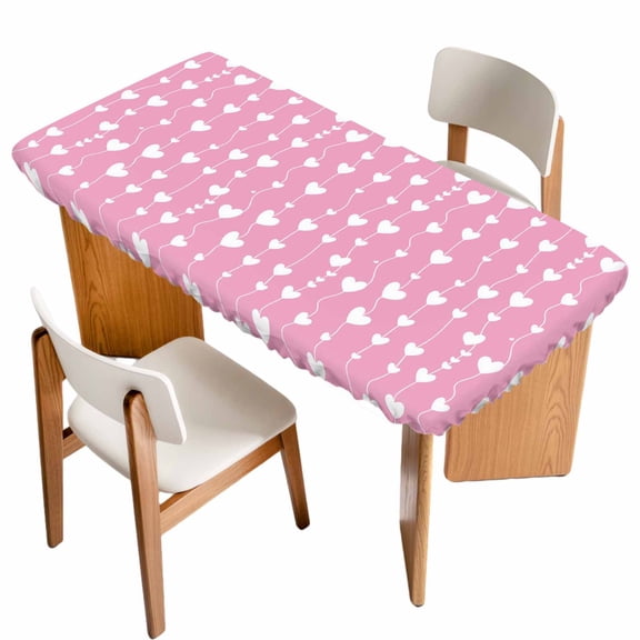 Valentine's Day Table Cloths for 4 Foot Rectangle Tables, Sweet Love Heart Lines Romantic Pink Patio Waterproof Elastic Fitted Tablecloths, Washable Rectangular Table Cover for Camping