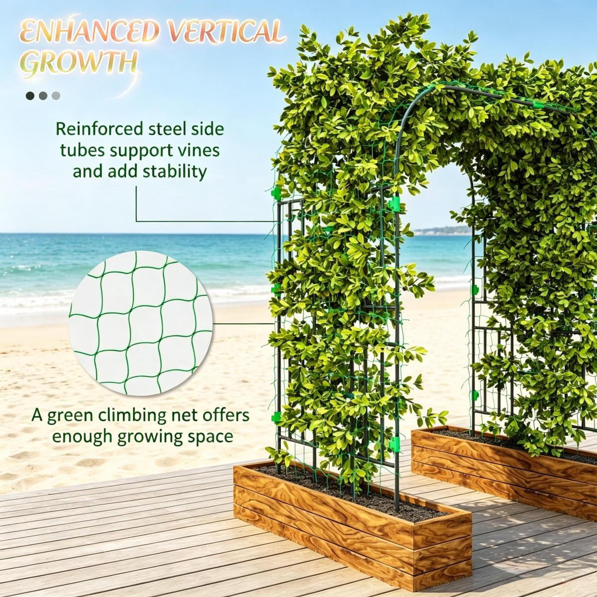 FENGFAN Two-Arch Garden Trellis, 72" PE Coated Steel Climbing Plant Arch Support with Net for Cucumber Tomato Outdoor Garden