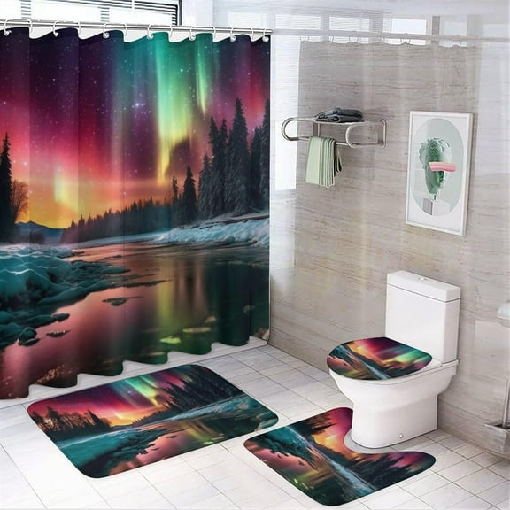 Aurora Borealis Shower Curtain Set for Bathroom 4Pcs Colorful Gorgeous River Forest Bathroom Sets with Rugs Toilet Lid Cover Bath Mat Shower Curtain Set with Hooks, Bathroom Decor
