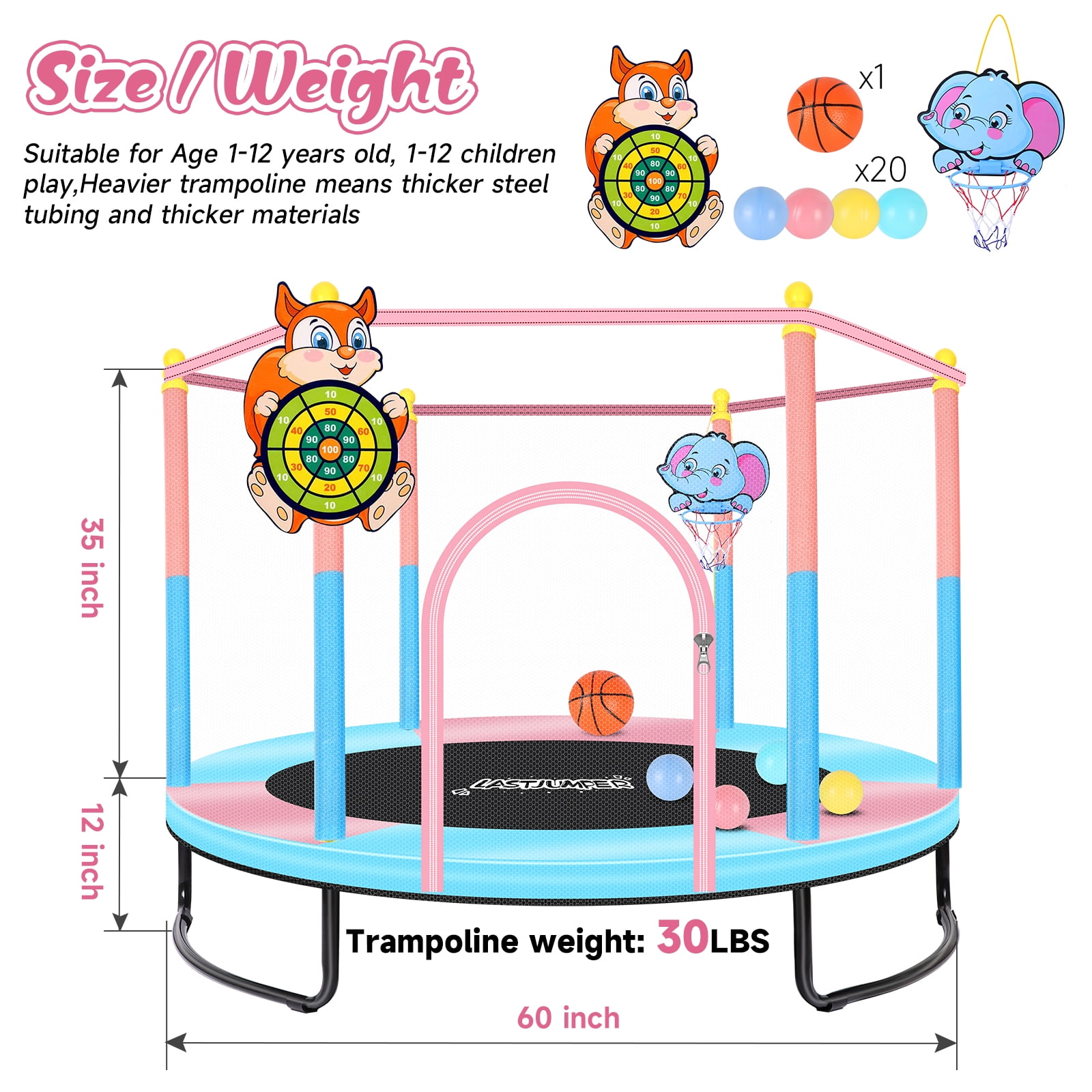 LASTJUMPER 60"  Trampoline for Kids 2-5, 5ft Mini Indoor & Outdoor Small Toddler Trampoline with Basketball Hoop, Dart Board, Ocean Ball ,Baby Trampoline Toys, Birthday Gifts for girl,pink