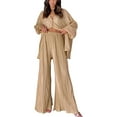 thumbnail image 3 of Wassery Women Spring Fall Pants Outfits Long Sleeve Turn-Down Collar Loose Shirts Elastic Waist Wide-Leg Long Palazzo Pants 2 Pieces Casual Lounge Pants Set, 3 of 7