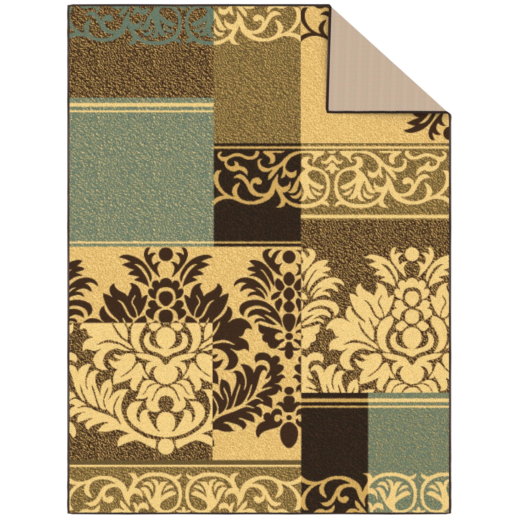 Ottomanson Non-Slip Area Rug for Living Room 5' x 6'6" Durable Low Profile Carpet, Brown/Green Damask