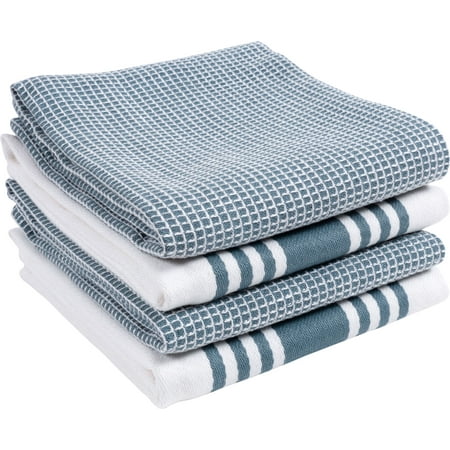 KAF Home Set of 4 Centerband and Waffle Flat Kitchen Towels | Set of 4 18 x 28 Inch Absorbent, Durable, Soft, and Beautiful Kitchen Towels | Perfect for Kitchen Messes and Drying Dishes - Blue