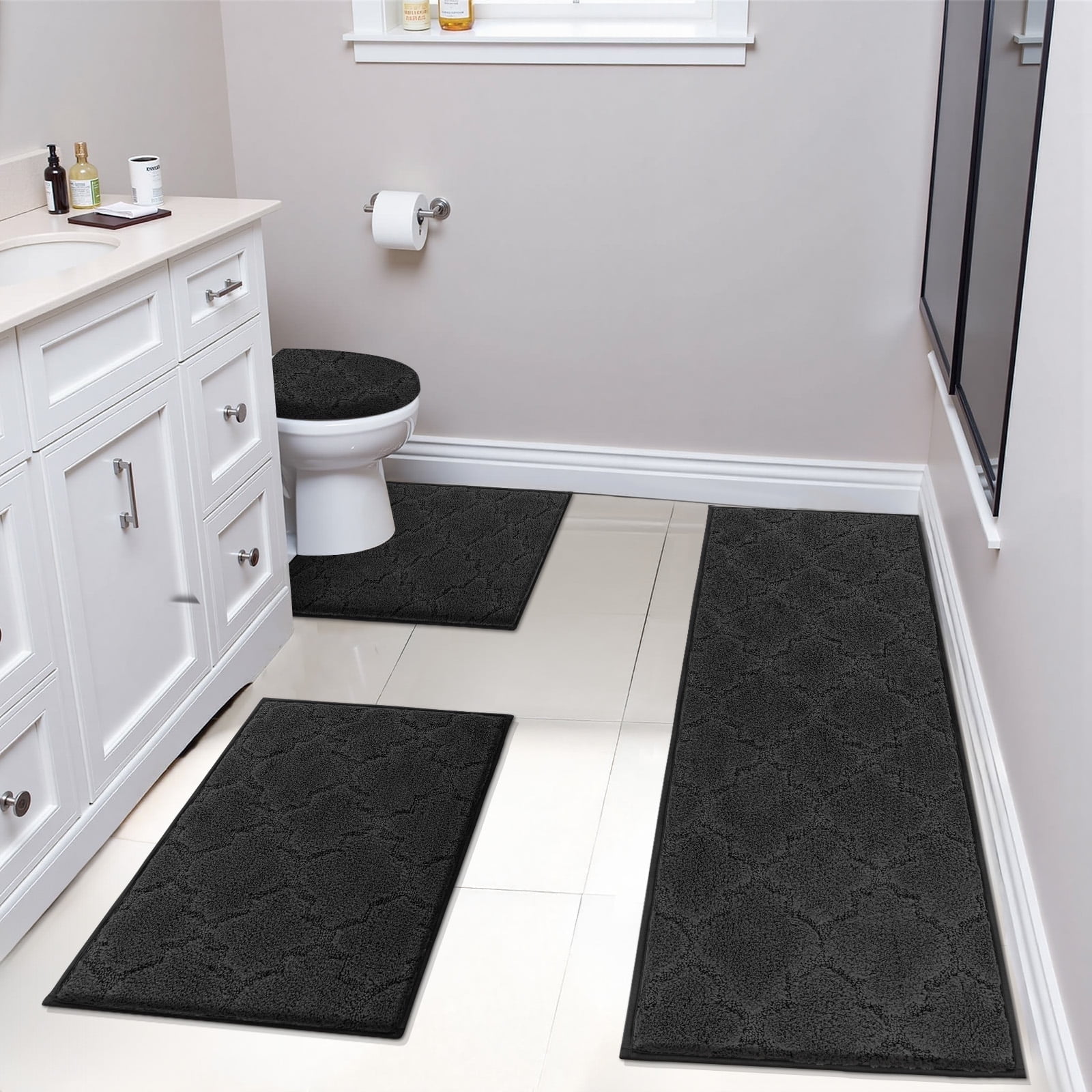 Findosom Bathroom Rugs Sets 4 Pcs with Toilet Lid Cover,U-Shaped Contour Toilet Mat,Non-Slip Machine Washable Absorbentb Rugs and Mats for Bathroom Floor Mats Microfiber Shaggy Bath Rug,Black
