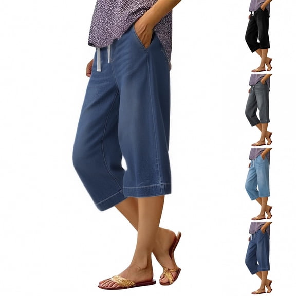 Denim Capris Pants for Women Casual Baggy Drawstring Elastic Waist Wide Leg Capri Jeans, 2XL