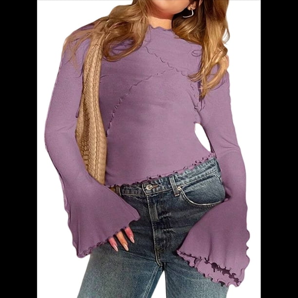 Camiseta de Larga Acampanada con Cuello Alto Y2K para Mujer, Camisa Ajustada con Ribete en Forma de Lechuga Púrpura L