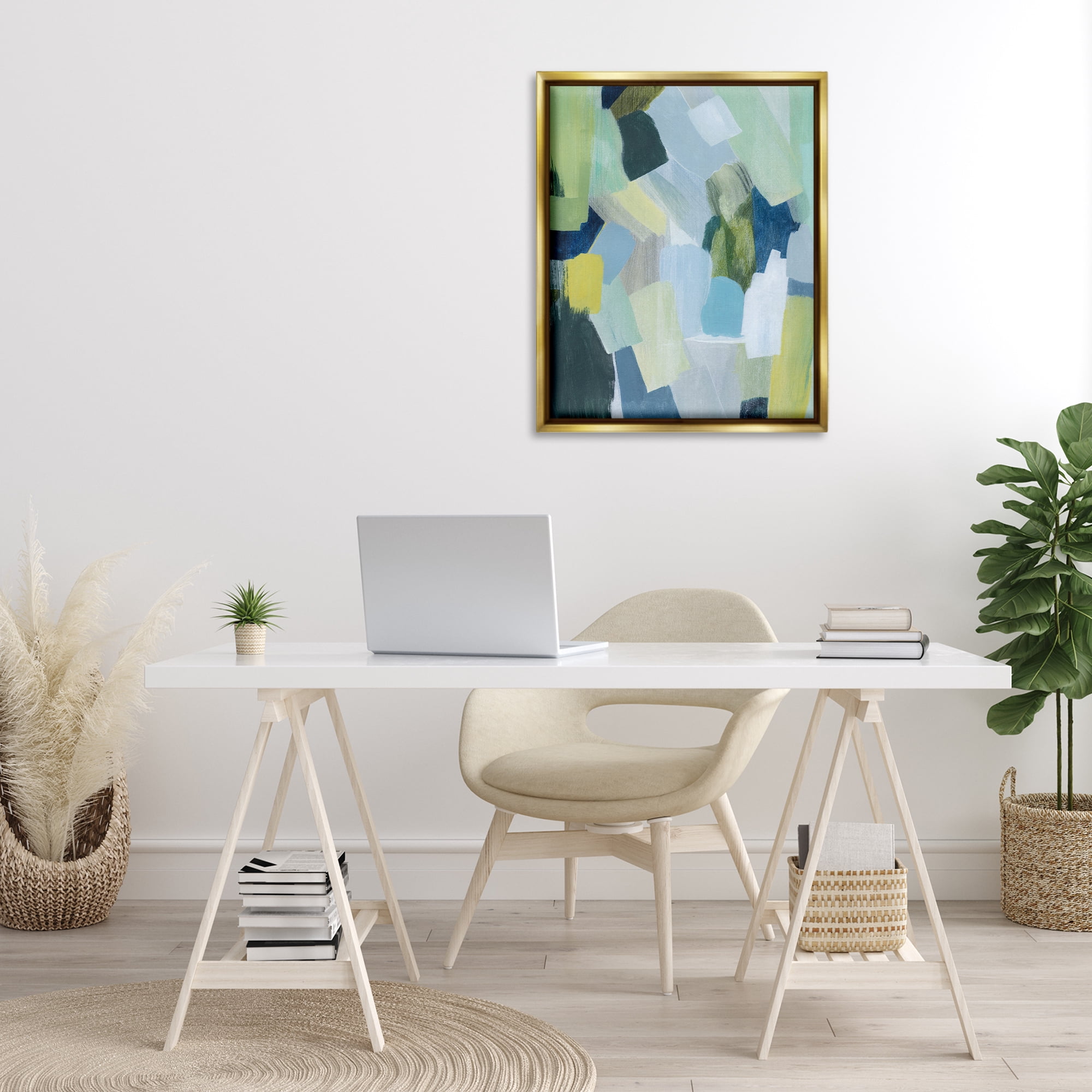 Stupell Industries Layered Green Brush Strokes Abstract Painting Gold Floater Framed Canvas Art Print Wall Art, 25 x 31