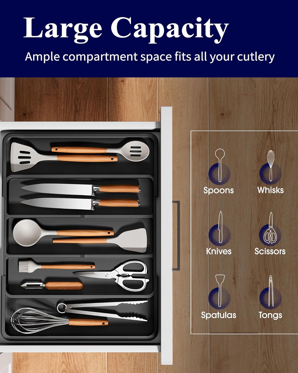 Expandable Silverware Organizer – Large Utensil Drawer Kitchen Organization with 5 Compartments, Easy-Clean, Home & Apartment Essentials, Black, 13.6" x 1.4"x 11.0"~19.9"