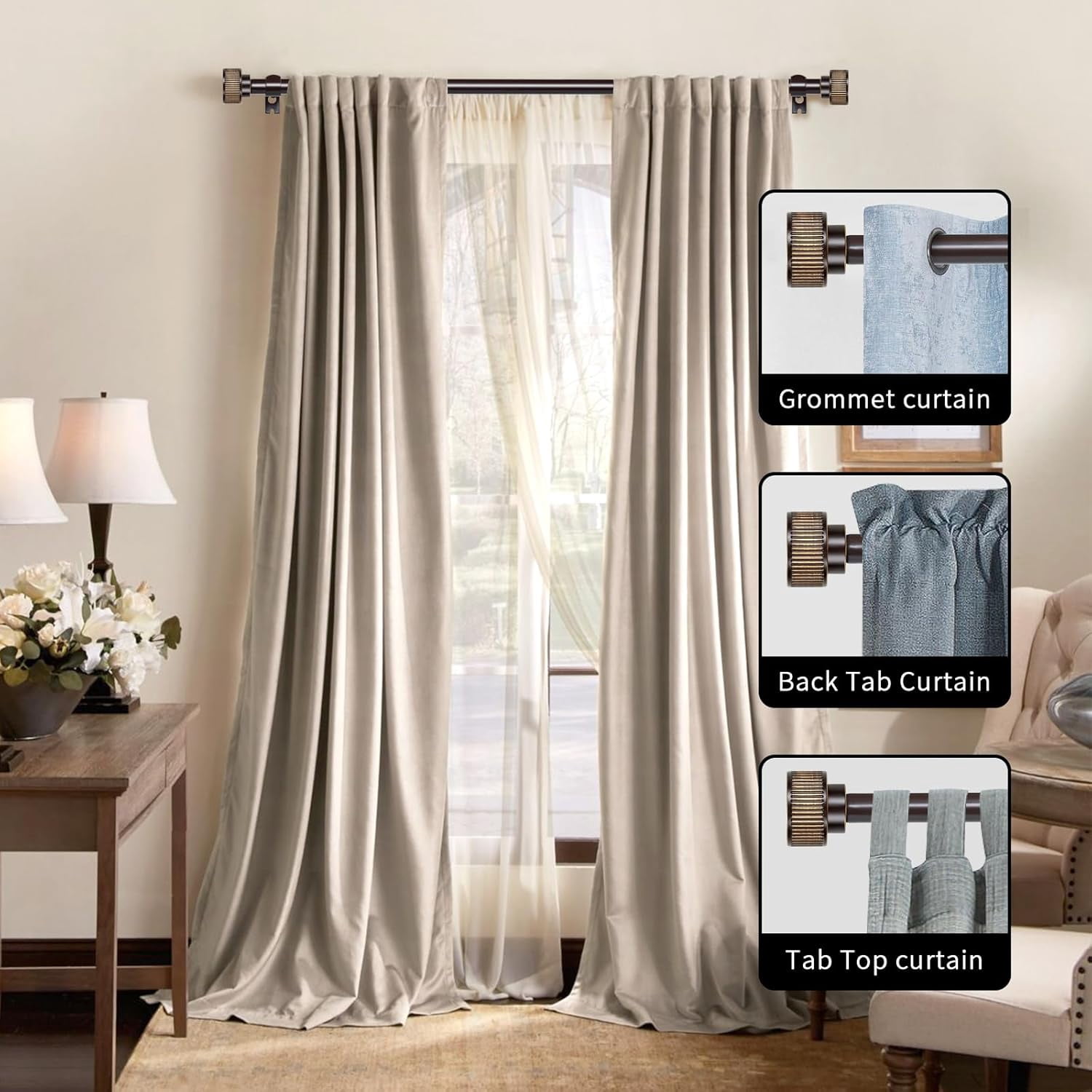 eTeckram 5/8" Double Curtain Rod with Bouton Finials,Bronze Gold,48‘’-84‘’
