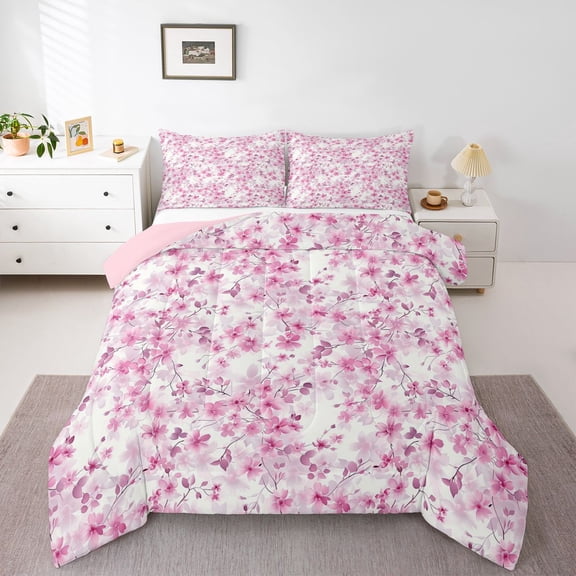 Manfei Teens Pink Flowers Bedding Comforter Set 2pcs,Spring Garden Twin Comforter Sets Microfiber,Cherry Blossom Breathable Bedding Set,Breathable Home Decor,Reversible
